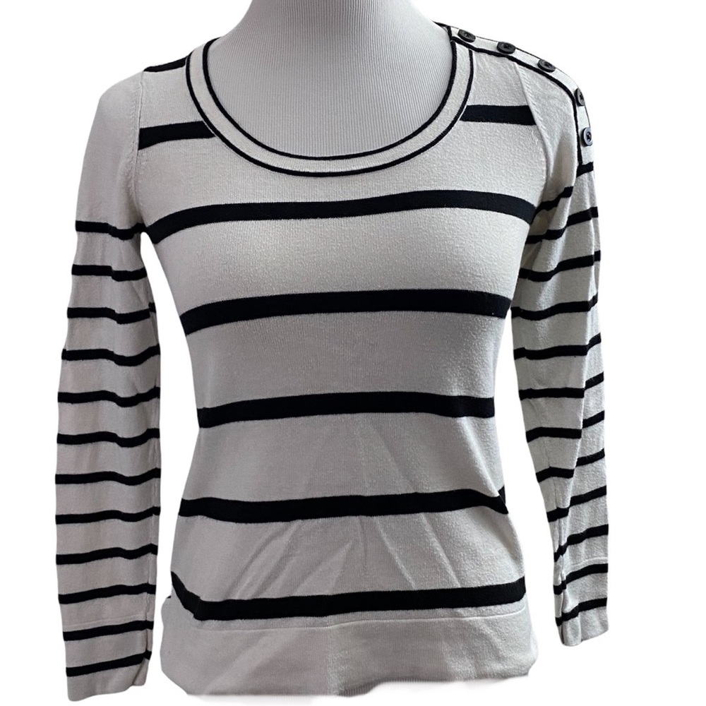 LOFT Black Off White Stripe Knit Sweater Top Petites